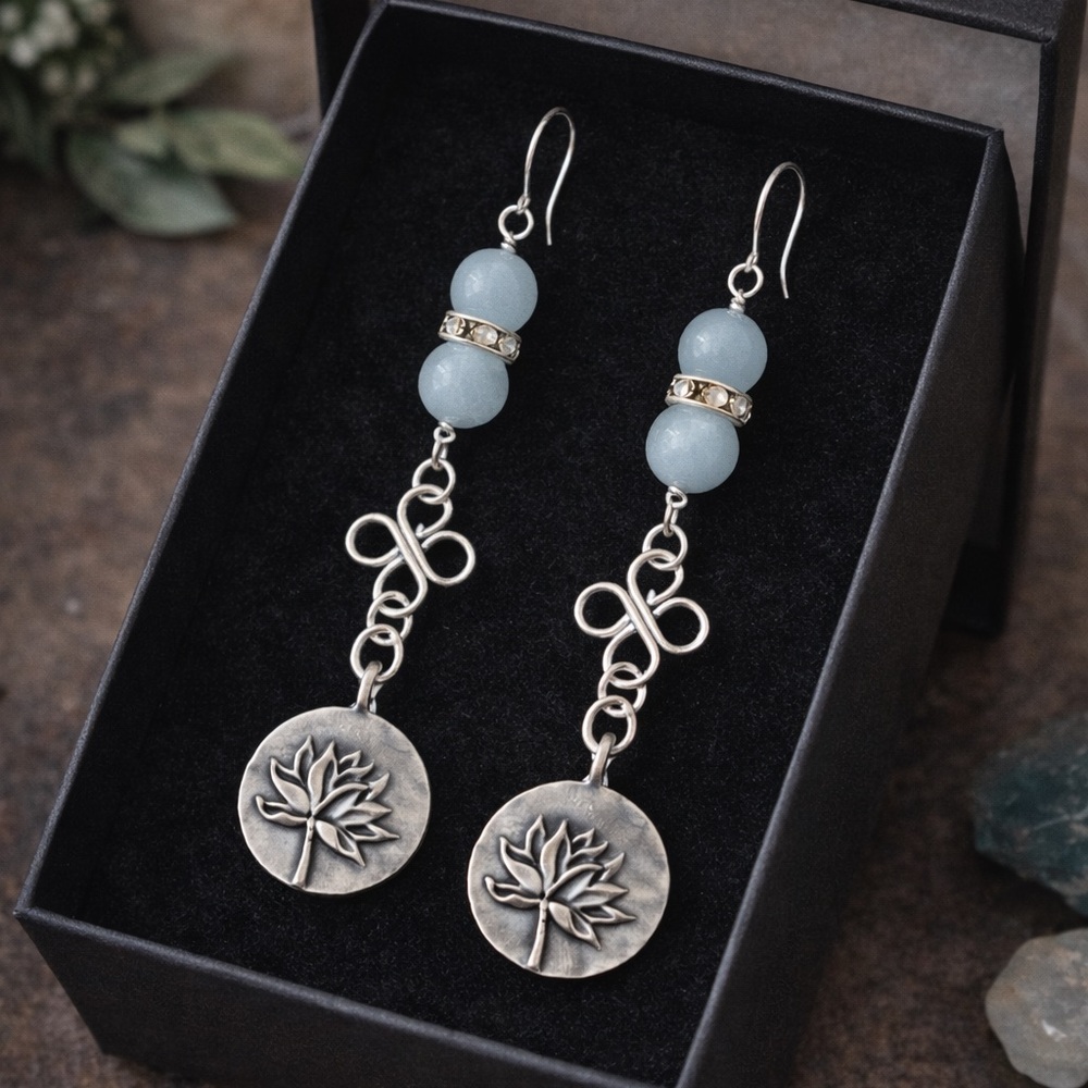 Lotus Rising Aquamarine Gemstone Earrings – Artisan Silver Drop - Picture 4 of 5